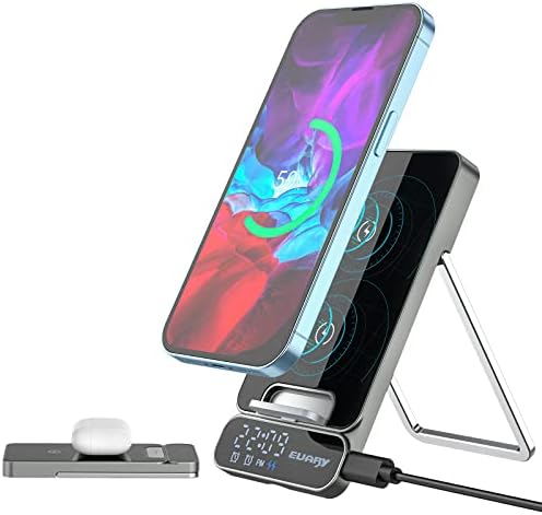 Wireless Charger, 15W Fast Qi Wireless Charging Station for Apple iPhone Samsung, Portable Foldable Android Wireless Cell Phone Charger Stand with Alarm Clock for Multiple Devices Travel