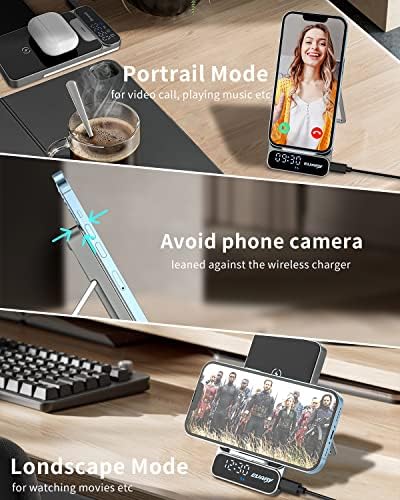 Wireless Charger, 15W Fast Qi Wireless Charging Station for Apple iPhone Samsung, Portable Foldable Android Wireless Cell Phone Charger Stand with Alarm Clock for Multiple Devices Travel - Image 2