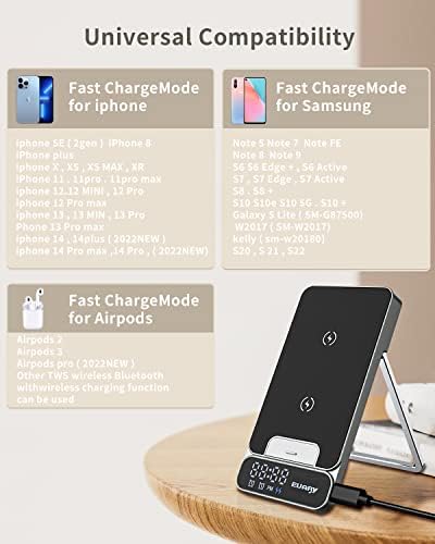 Wireless Charger, 15W Fast Qi Wireless Charging Station for Apple iPhone Samsung, Portable Foldable Android Wireless Cell Phone Charger Stand with Alarm Clock for Multiple Devices Travel - Image 3