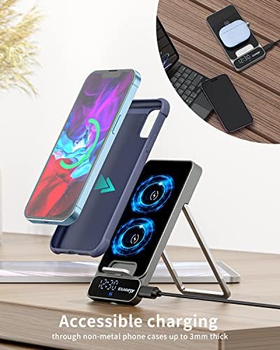 Wireless Charger, 15W Fast Qi Wireless Charging Station for Apple iPhone Samsung, Portable Foldable Android Wireless Cell Phone Charger Stand with Alarm Clock for Multiple Devices Travel - Image 5