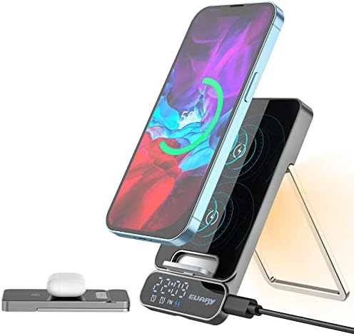 Wireless Charger, 15W Fast Qi Wireless Charging Station for Apple iPhone Samsung, Portable Foldable Android Wireless Cell Phone Charger Stand with Alarm Clock for Multiple Devices Travel - Image 8