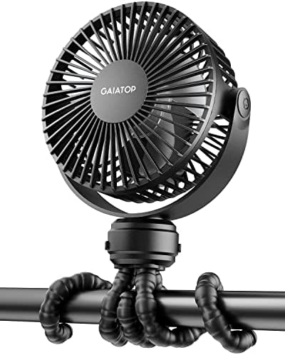 Gaiatop Mini Portable Stroller Fan, Battery Operated Small Clip on Fan, Detachable 3 Speed Rechargeable 360° Rotate Flexible Tripod Handheld Desk Cooling Fan for Car Seat Crib Treadmill Travel Black